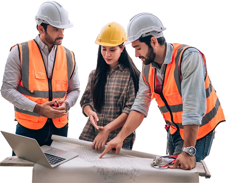 Three construction professionals collaborating on project plans and estimates