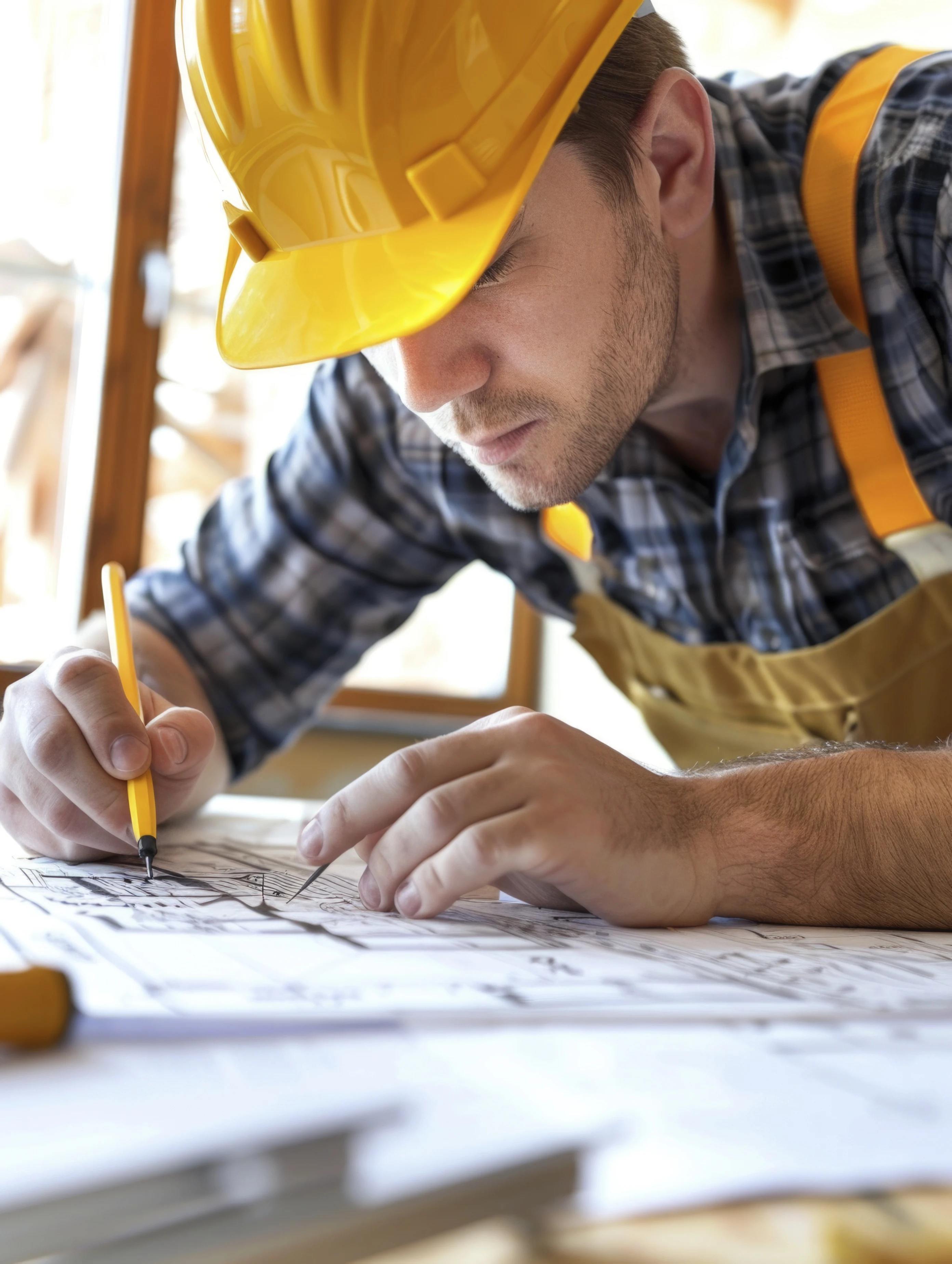 Engineer sketching a construction plan on paper
