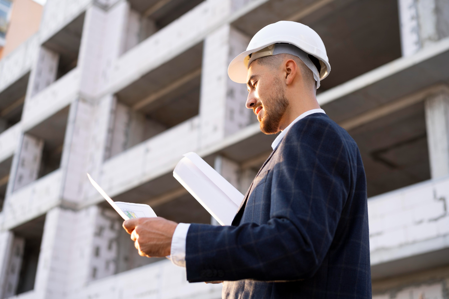 Professional estimator analyzing concrete project plans