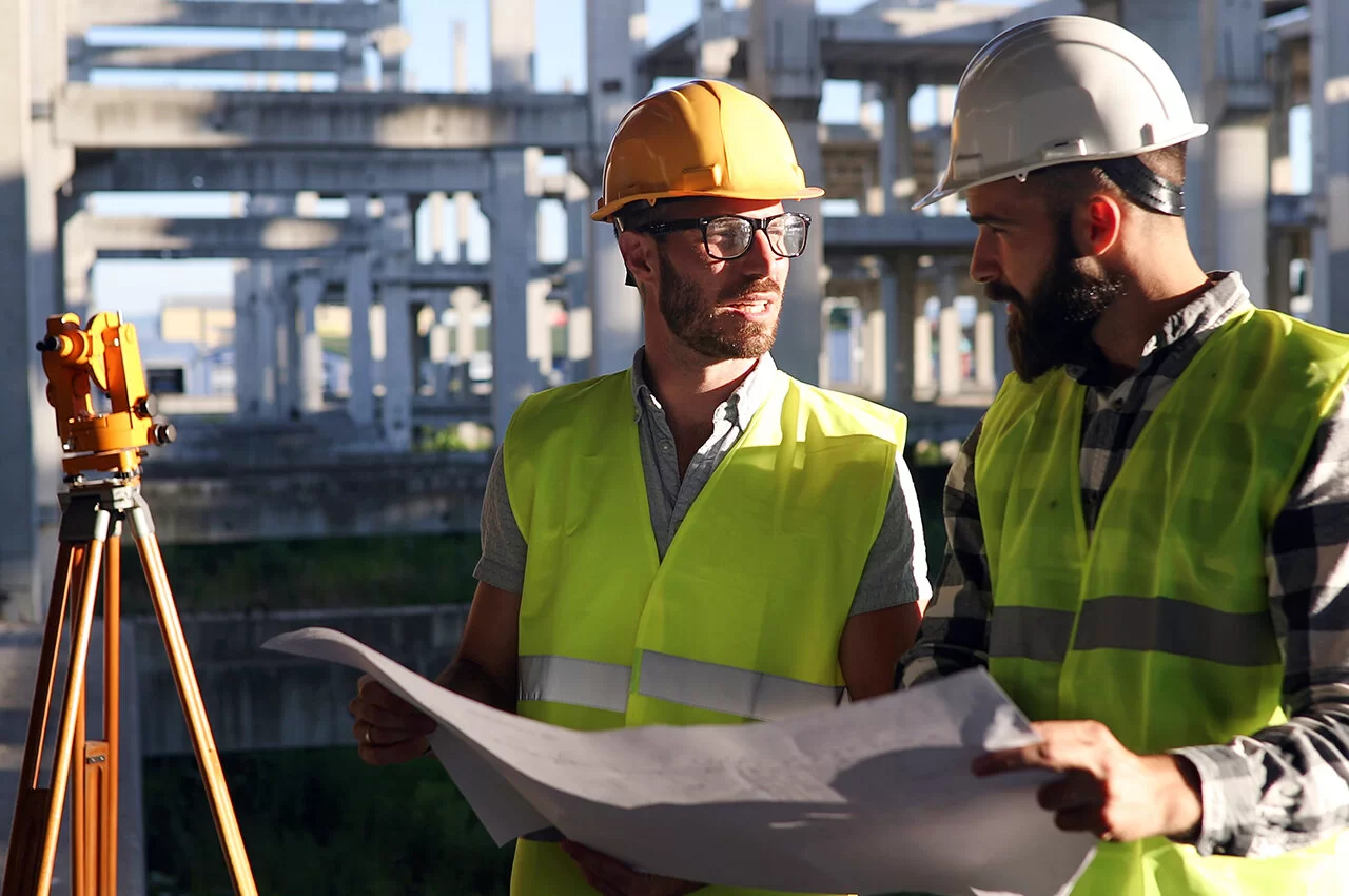 Construction worker performing site measurements